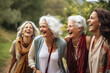 The portrait group shot of happy female elders enjoying a leisure time outdoors together. Senior group old friends. Generative AI.