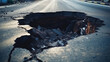 Hole in asphalt on road. Asphalted highway with cracks. Road repair, Damaged asphalt, Danger of road collapse. 