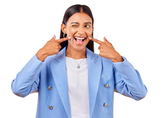 Wall Mural - Fingers on cheek, smile and woman with confidence, funny and positive attitude isolated on a transparent background. Person, model and girl with dimples, silly and goofy with emoji, happiness and png