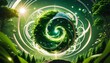 A lush green planet with swirling abstract patterns representing wind, solar, and hydro energy sources, symbolizing harmony between environmental protection and clean energy
