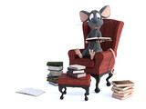 Fototapeta Morze - 3D rendering of a cartoon mouse reading book in armchair.