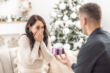 Fototapeta  - Boyfriend surprises his girlfriend with proposal for Christmas kneeing in front of her