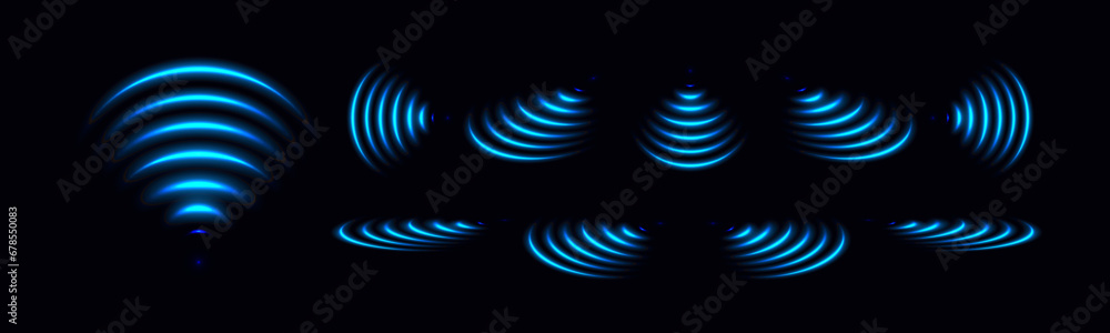 Wi-Fi light effect, Blue glowing signal sensor waves internet wireless connection. Wireless technology digital radar or sonar with glowing light effect. Vector