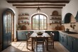 Traditional spanish interior design of kitchen with arched windows and door, wooden dining table and chairs 