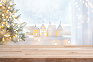 Wall Mural - wooden table for product display with christmas or new year decoration background