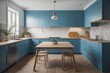 Wooden dining table against blue kitchen cabinets with wooden countertop near pastel blue herringbone tiled backsplash with copy space. Mid-century style modern interior design of kitchen