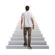 © Natural PNG - Back view of Man stepping up on white stair to upper floor
