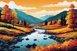 Herbstlandschaft mit Wald, Fluss und Bergen: Illustration im Comicstil.