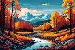 Herbstlandschaft mit Wald, Fluss und Bergen: Illustration im Comicstil.