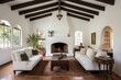 spanish revival interior room with whitewashed beam ceiling