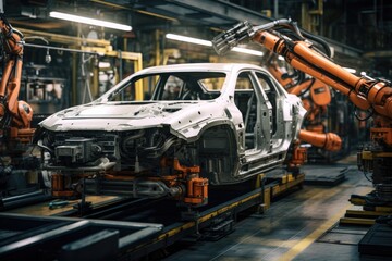 Poster - a robotic arm working on a car chassis in an assembly line