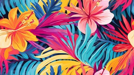 Wall Mural - Generative AI : Colorful abstract contemporary seamless pattern. Modern tropical floral pattern.