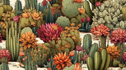 Wall Mural - Generative AI : Cacti and succulents on outdoor, floral landscape, seamless pattern