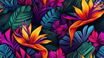 Wall Mural - Generative AI : Jungle leaves, bird of paradise flower. Beautiful seamless vector floral pattern background, exotic print
