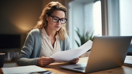 Wall Mural - Focused female adviser holding financial reports and working online over laptop at desk in home office. Effective telecommuting concept. generative AI