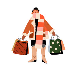 Poster - Happy woman holding shopping bags. Female customer standing with many purchases in hands, preparing for winter holidays. Christmas preparations. Flat vector illustration isolated on white background