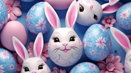 Wall Mural - Top view close up Indigo easter eggs with pink bunnies 3D , clay, cartoon art white soft blue background, superrealism, ultra realistic, hyper realistic, ultra detailed rendering background