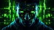 Mysterious face of anonymous hacker with glowing green eyes veiled in mesmerizing array of luminous green program code, delve into digital realm, shadowy figure in cyberspace, close up view