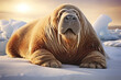 Displaying majesty and relaxation, a walrus lounges on snow-covered shores, its iconic tusks catching and reflecting the subdued Arctic light.