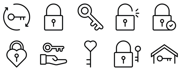 keys and locks line style icon collection