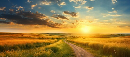 Wall Mural - Autumn landscape with grassy dirt road under sunset