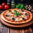 © Ирина Самойлова - pizza on a wooden dish on the table, tomatoes and herbs around.