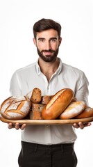 Canvas Print - A man holding a tray of bread and rolls