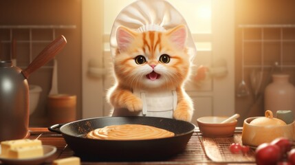 Poster - A cat wearing a chef's hat standing in front of a pan of food