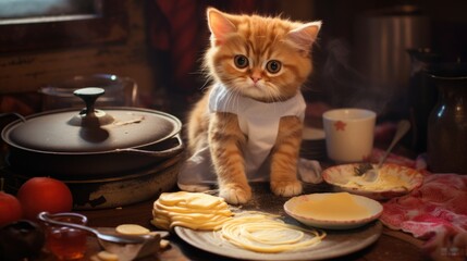 Poster - A cat sitting on top of a table next to a plate of food