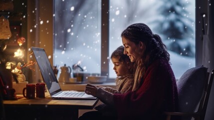 Canvas Print - A woman and a child sitting at a table with a laptop