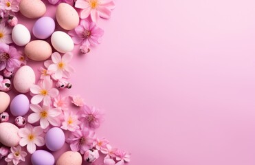 Wall Mural - Colorful Easter chocolate eggs, bunnies and spring flowers border flat lay on pink background. Happy Easter! Stylish easter layout, greeting card or banner template.