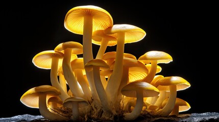 Glowing yellow mushroom in the black background