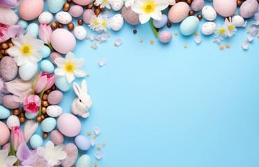 Wall Mural - Colorful Easter eggs, bunnies and spring flowers border flat lay on blue pastel background. Happy Easter! Stylish easter layout, greeting card or banner template