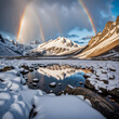 a snow covered mountain with a rainbow in the sky, a photo, by Aleksander Gierymski, land art, hiking in rocky mountain, near a small lake, 4k -4, tourist photo