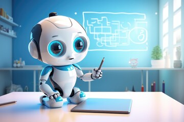 Cute artificial intelligence robot is practicing drawing and painting, AI learning concept.