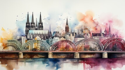Wall Mural - An illustration of Cologne's old town in colorful watercolors, isolated on a white background