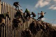 Migrants climb over border fence traffic. Wall police hands national guard. Generate Ai