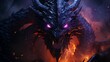 Close up of demonic looking dragon with glowing eyes.