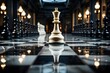 Large white chess piece sitting on top of black and white checkered floor.