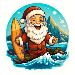 Sticker - Cartoon santa claus holding surfboard in the ocean.