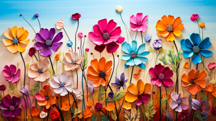Wall Mural - Image of bunch of colorful flowers on wall.