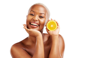 Wall Mural - Happy black woman, orange or portrait for beauty, skincare or diet nutrition for wellness, health or fruits. Face, natural or African person with smile or glow isolated on transparent png background