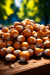 Poster - Pile of nuts sitting on top of wooden table.