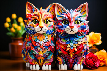 Wall Mural - Two colorful cats sitting next to each other on table.