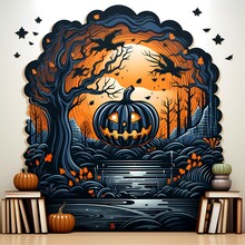Halloween Scene With Pumpkins And Jack - O - Lantern.