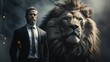 Business leader standing confidently beside a majestic lion.