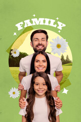 Poster - Collage artwork graphics picture of happy smiling family enjoying time together isolated green color background