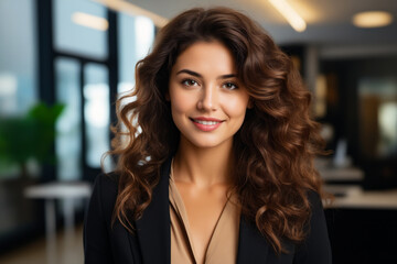 Poster - Woman with long hair and suit jacket smiling at the camera.