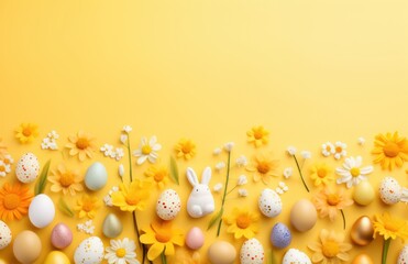Wall Mural - Colorful Easter eggs, bunnies and spring flowers border flat lay on yellow pastel background. Happy Easter! Stylish easter layout, greeting card or banner template