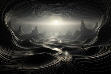 Wall Mural - an abstract wallpaper showcasing a colossal cave bathed in the glow of a sci-fi sun against a black 